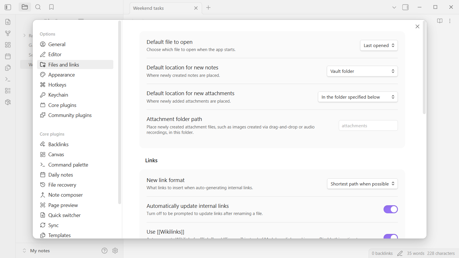 Obsidian's Files and links settings, showing where new attachments go