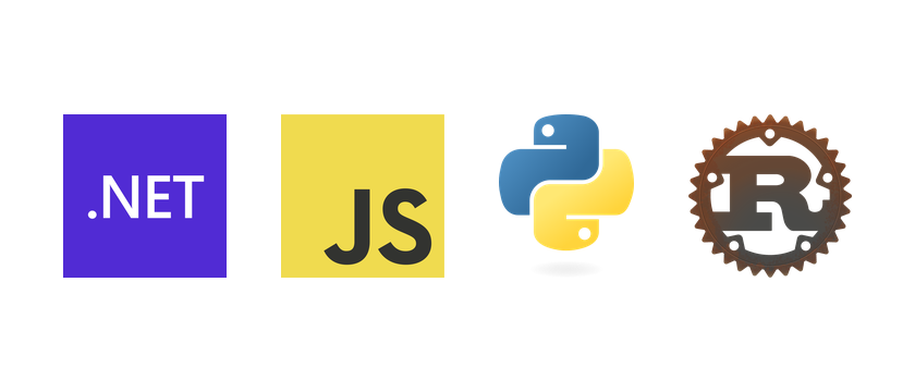 .NET, JavaScript, Python and Rust logos