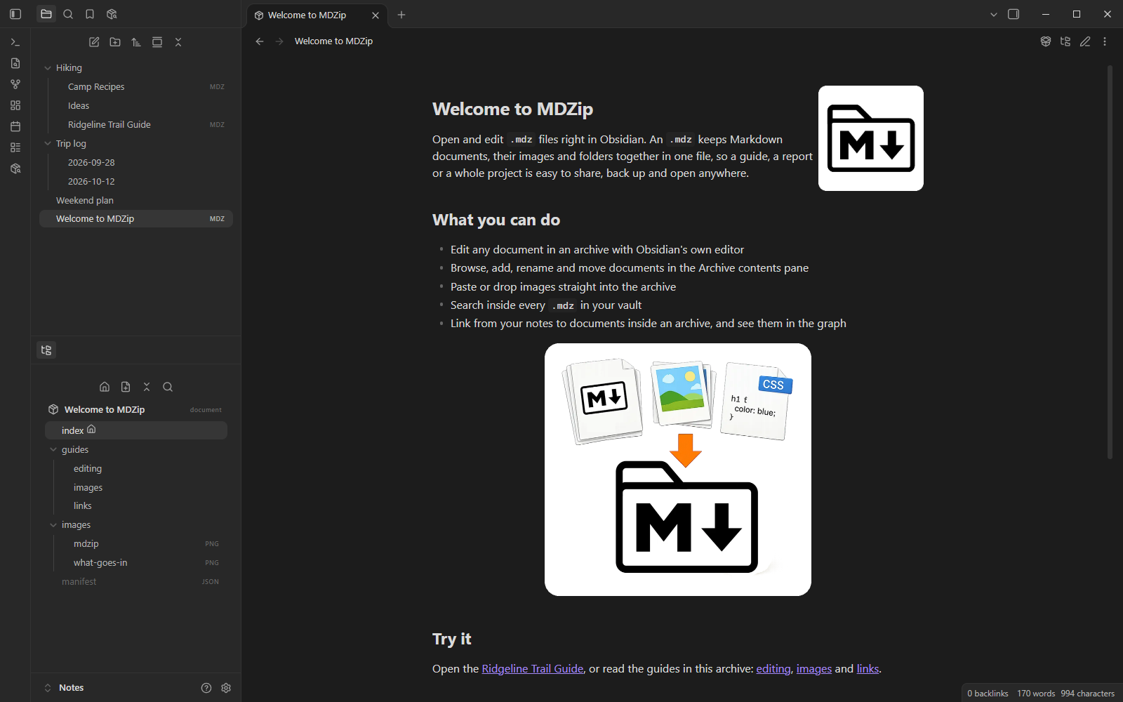 An .mdz open in Obsidian, with the MDZip logo and the Archive contents pane