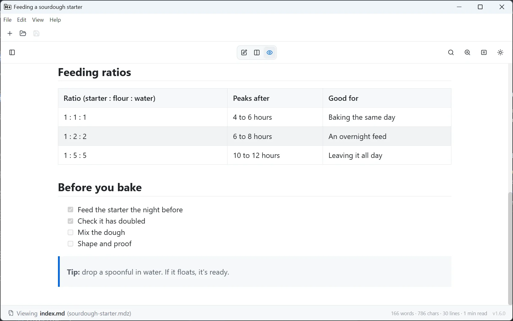 Studio's preview mode showing a table of feeding ratios, a checklist with two items ticked, and a tip