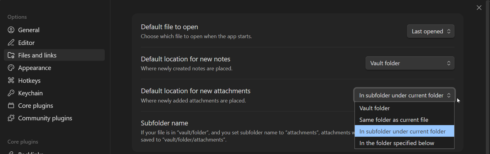 Obsidian Files and Links settings