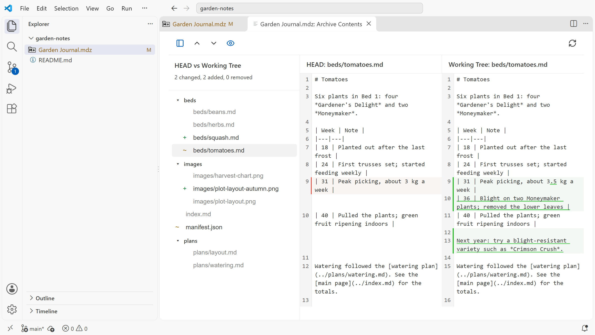 VS Code comparing the files inside an .mdz with the last commit